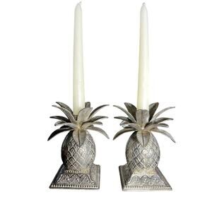 Godinger Pair Silver Plated Tropical Pineapple Leaf Candle Holders. Beachy.Decor